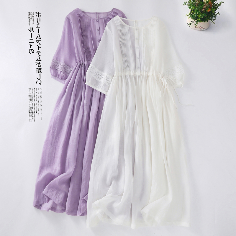 Clearance of Export Surplus Stock, Brand Surplus Orders, 2026 Summer New Round Neck Artistic Stand Collar Mid-Sleeve Mid-Length Dress