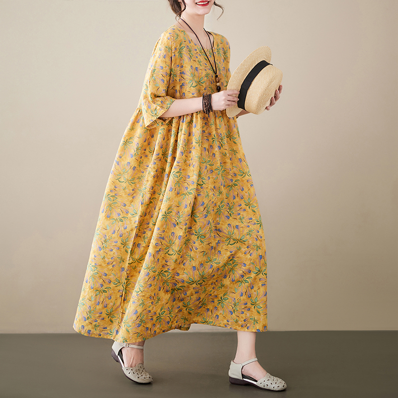 Brand Discount Store Clearance Summer New Long Dress Pastoral Style Flowy Beach Dress Pullover Short-Sleeve Dress