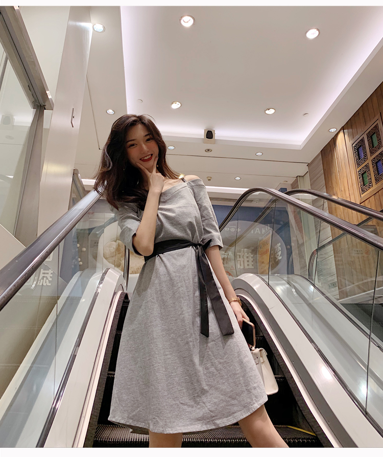 VK旗艦店 韓系一字領露肩收腰修身顯瘦短袖洋裝