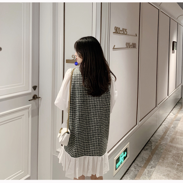 VK旗艦店 韓系修身顯瘦小香風拼接假兩件長袖洋裝