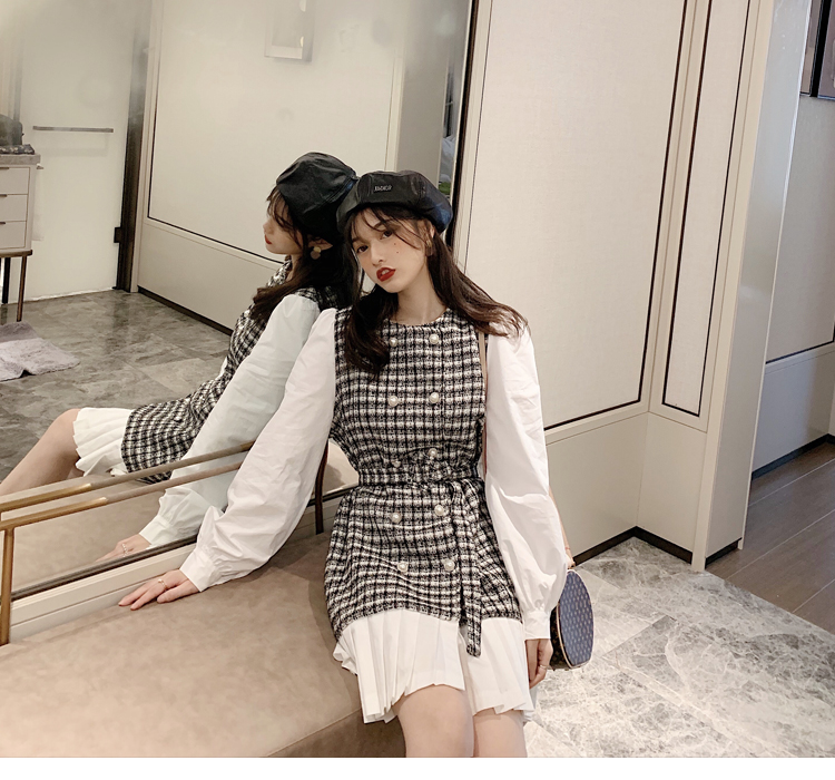 VK旗艦店 韓系修身顯瘦小香風拼接假兩件長袖洋裝