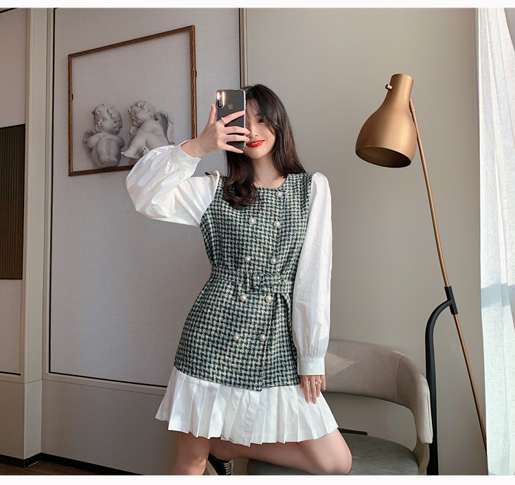 VK旗艦店 韓系修身顯瘦小香風拼接假兩件長袖洋裝