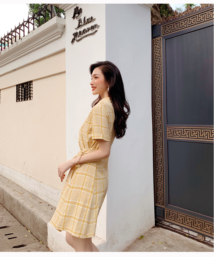 VK旗艦店 韓系復古西裝領格紋高腰系帶氣質短袖洋裝