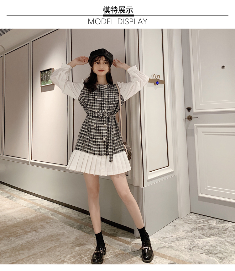VK旗艦店 韓系修身顯瘦拼接假兩件千鳥格長袖洋裝