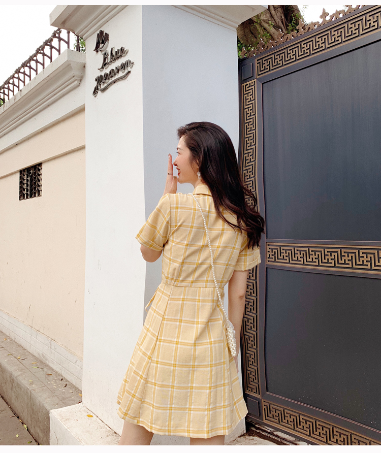 VK旗艦店 韓系復古西裝領格紋高腰系帶氣質短袖洋裝