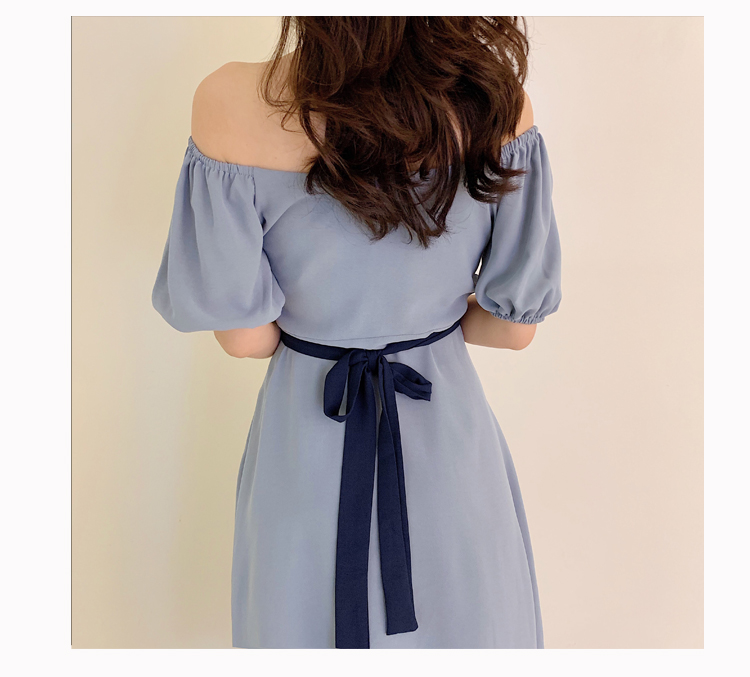 VK旗艦店 韓系一字領兩穿V領收腰系腰帶長版短袖洋裝