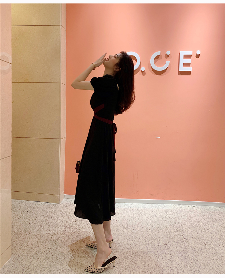 VK旗艦店 韓系一字領兩穿V領收腰系腰帶長版短袖洋裝