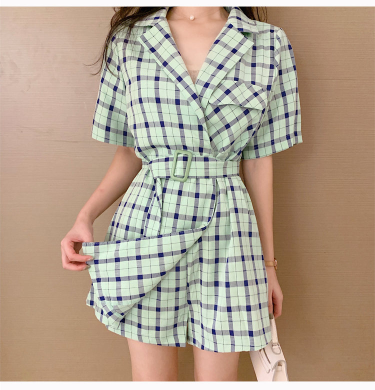 VK旗艦店 韓系時尚寬鬆格子腰帶百搭連身套裝短袖褲裝