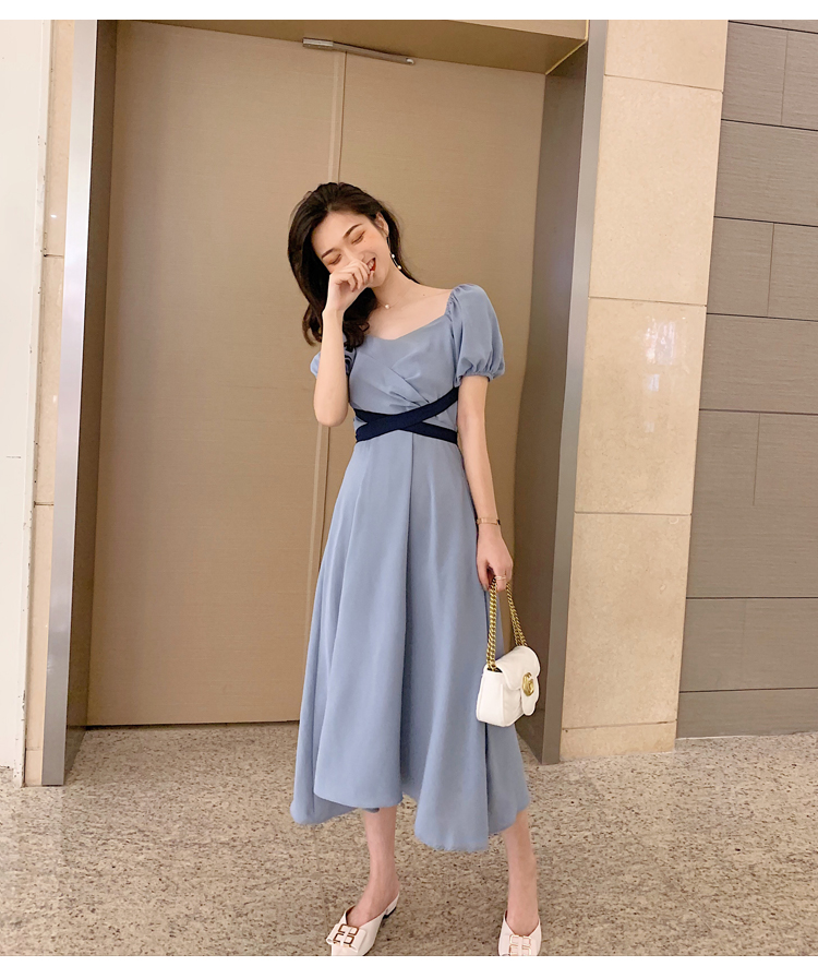 VK旗艦店 韓系一字領兩穿V領收腰系腰帶長版短袖洋裝