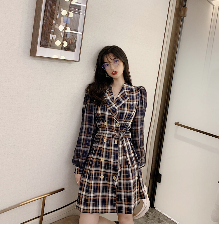 VK旗艦店 韓系格紋收腰系帶網紗拼接西裝長袖洋裝