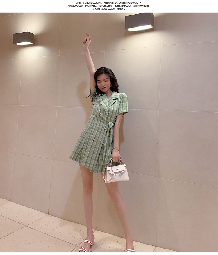 VK旗艦店 韓系復古西裝領格紋高腰系帶氣質短袖洋裝