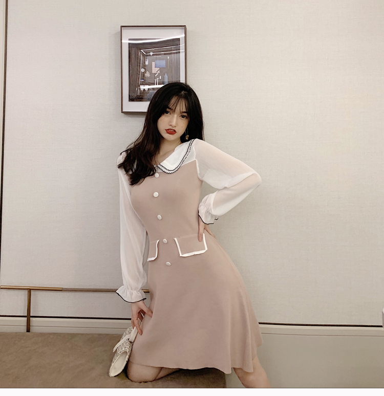 VK旗艦店 韓國風淑女優雅娃娃領單排扣長袖洋裝
