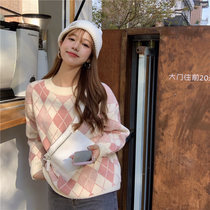 Pink Rhomboid Sweater Woman Retro Port Taste 2021 New Spring Fall Loose Outside Wearing Long Sleeve Needles Weaselwear