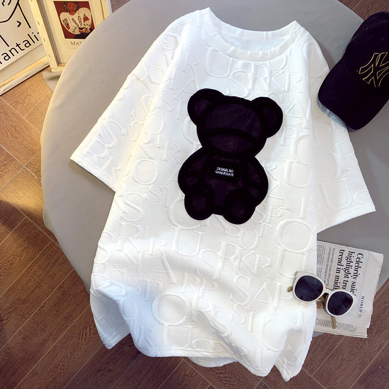 2022 summer new ins super hot cartoon bear pattern short-sleeved T-shirt women's loose mid-length half-sleeve top