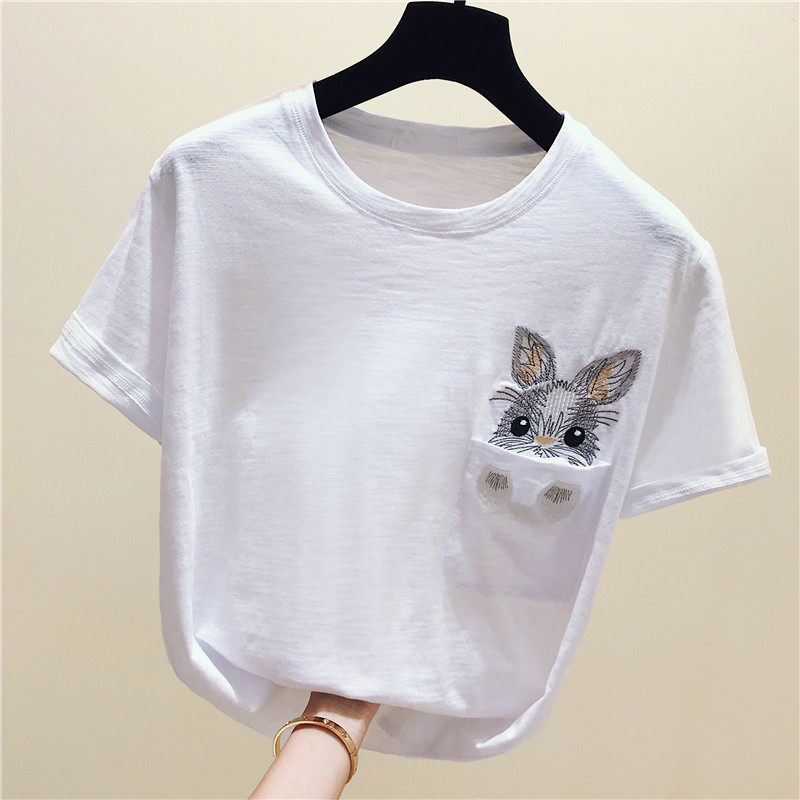 2022 summer dress new style net red cartoon rabbit embroidery T-shirt women's short sleeves ins super fire loose half sleeves on the clothes tide