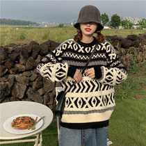 Collision Color Sweater Woman Loose Wear Spring Autumn Clothing 2022 New Korean version Lazy Wind Long Sleeve Round Neckline Hooded Knitwear
