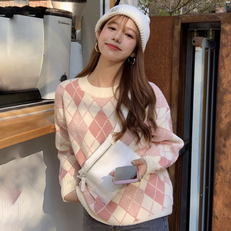 Pink Rhomboid Sweater Woman Retro Port Taste 2021 New Spring Fall Loose Outside Wearing Long Sleeve Needles Weaselwear