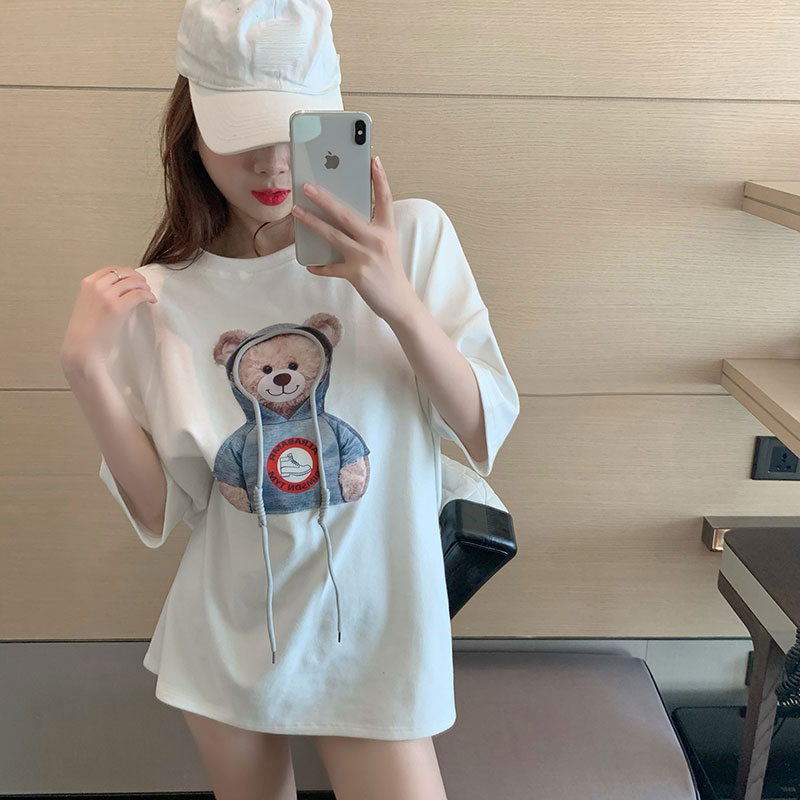 2022 Spring loaded with new loose medium long version T-shirt female short sleeve net red fried street solid small bear half sleeve blouse surge