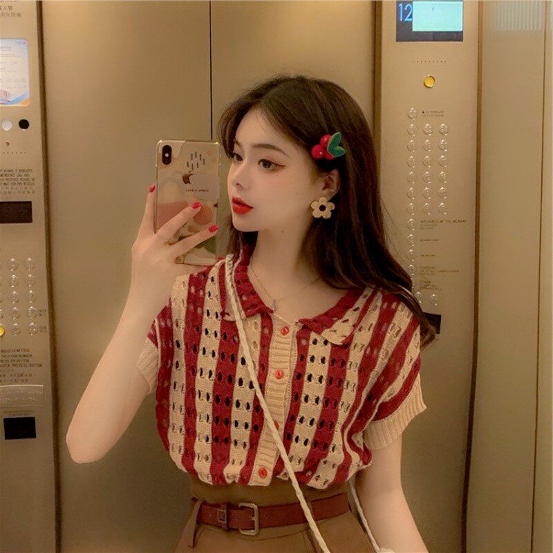 Faff-style Retro Striped Ice Silk Knit Woman New 2022 Summer Design Sensation Niche Hollowed-out Short POLO Tide