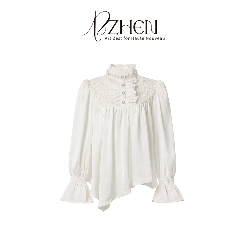 Azzhen【Misty Island White Rose】Lace Palace Collar Heavy Craft Hem Asymmetrical Slimming Satin Shirt