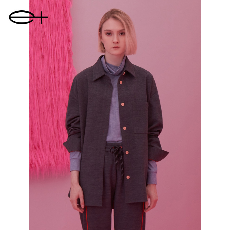 Yijia E+ New Winter Brand Women's Clothing Dark Gray Boyfriend Style Loose Small Lapel Casual Long-Sleeved Shirt