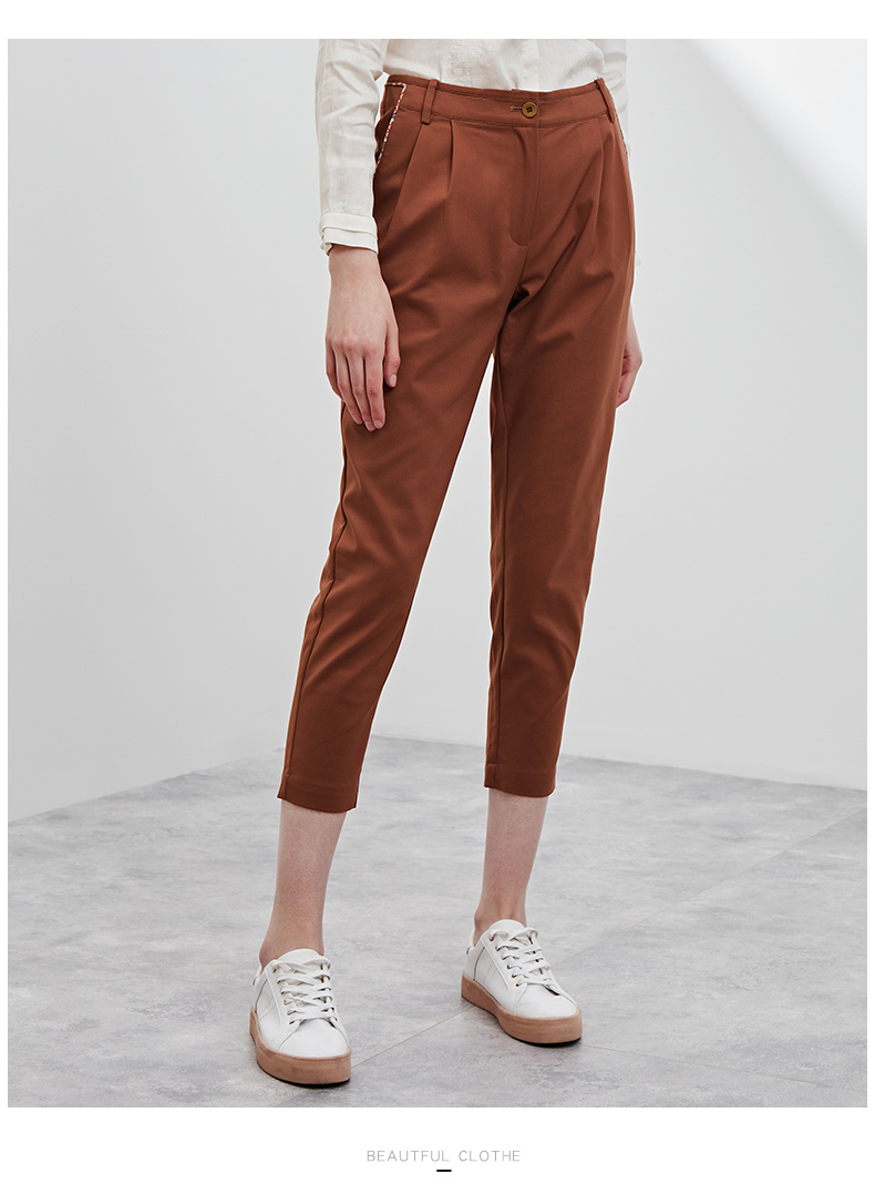 一 嘉 e + Quần Harlan mới mùa thu Quần cotton nữ xếp li mùa hè Quần cắt cạp siêu nhỏ - Quần Harem quần âu cạp cao