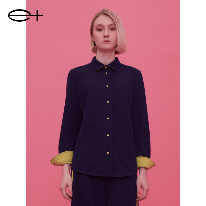 Yijia E+ New Winter Brand Women's Navy Blue Simple Small Lapel Knitted Wool Long-Sleeved Shirt