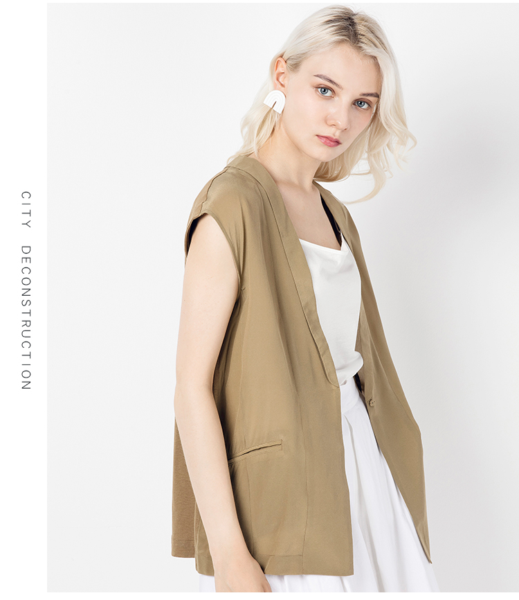 一 嘉 e + lụa vest nữ ngắn tay áo 2018 mùa hè mới phù hợp với cổ áo ngắn khâu smock áo khoác gile nữ