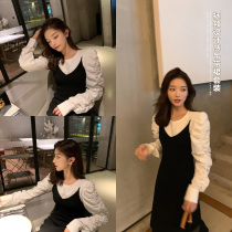 Mrs. Qian goddess Fan suit female autumn and winter careful machine white shirt suspenders dress foreign age two-piece set