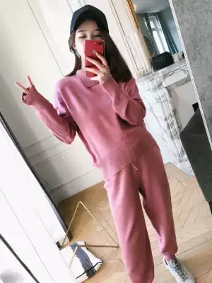 Mrs. Qian knitted pullover turtleneck sweater set female spring sports Harlem pants two-piece tide