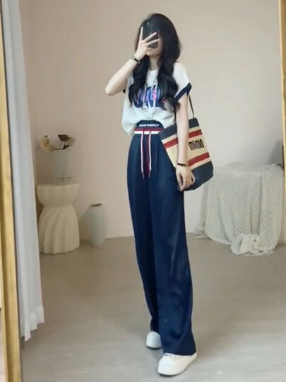 专柜正品时尚休闲运动套装女夏薄款百搭宽松减龄短袖阔腿裤两件套