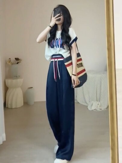 专柜正品时尚休闲运动套装女夏薄款百搭宽松减龄短袖阔腿裤两件套