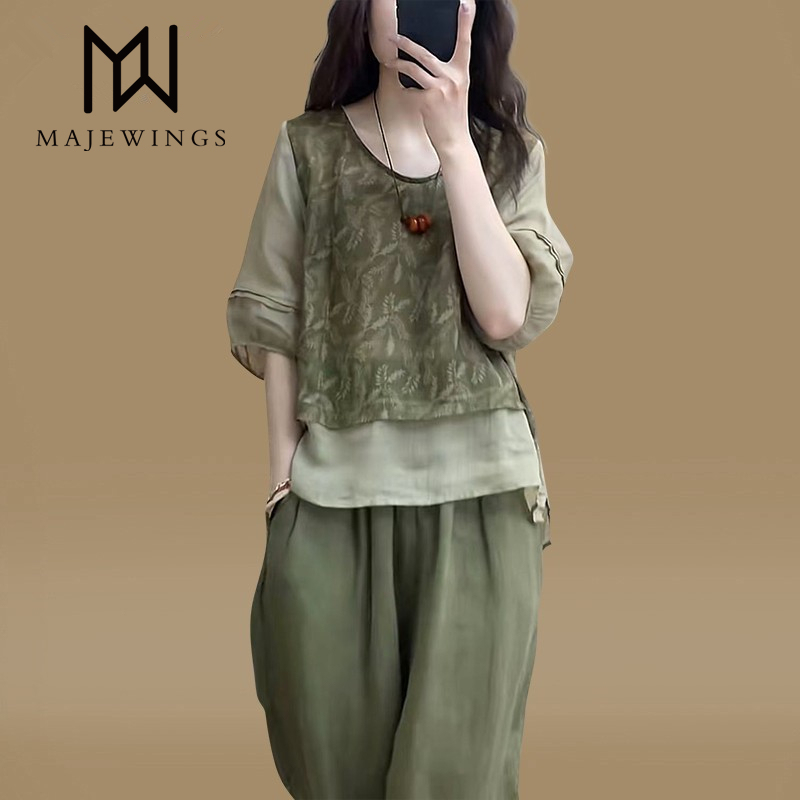 Authentic Brand Plus-Size Casual Suit for Women, Summer Cotton and Linen Slimming Printed Patchwork Top and Harem Pants Two-Piece Set Authentic Brand Plus-Size Casual Suit for Women, Summer Cotton and Linen Slimming Printed Patchwork Top and Harem Pants Two-Piece Set