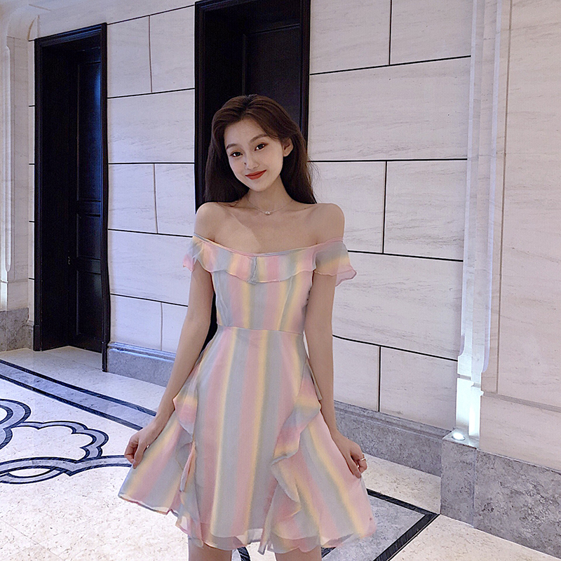 VK旗艦店 韓系馬卡龍色V領性感收腰荷葉邊雪紡短袖洋裝