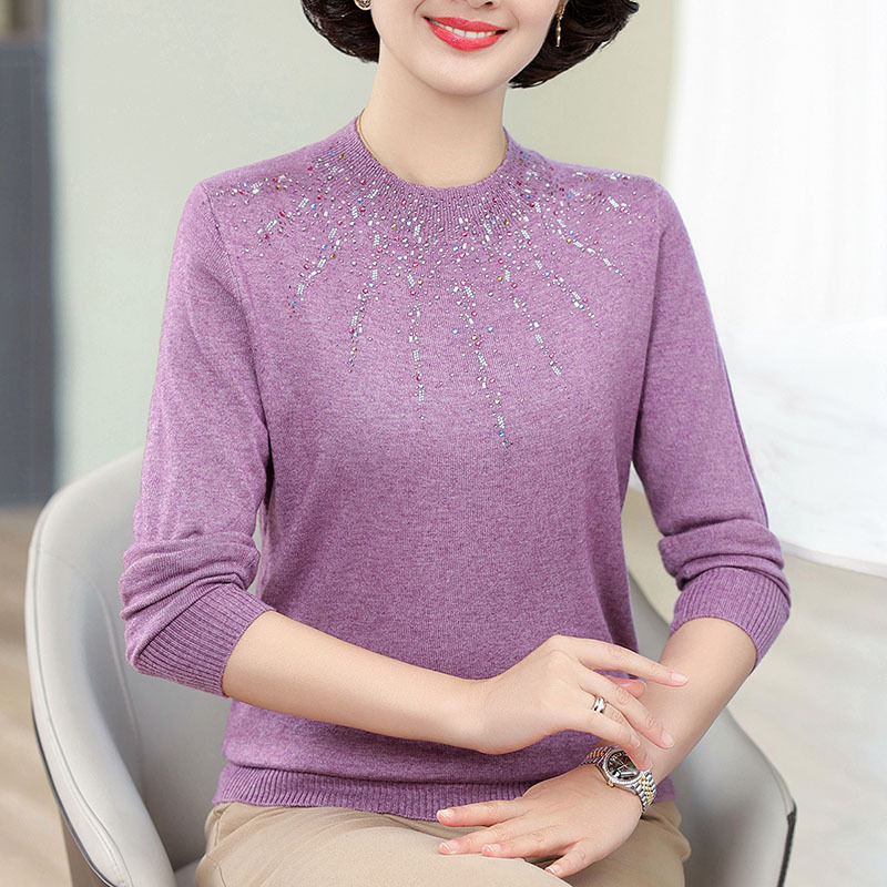 Mother's Spring Knit Base Shirt, Middle-Aged and Elderly Women's Sweater, Solid Color Long-Sleeve Round-Neck Loose Pullover Grandma Top