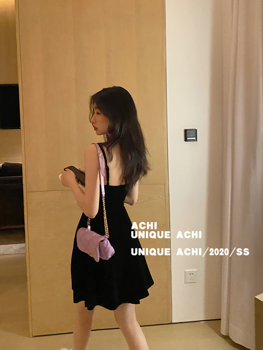 ACHI Daye Pool black bandeau dress summer waist temperament a-line skirt Sexy Hepburn small black suspender skirt