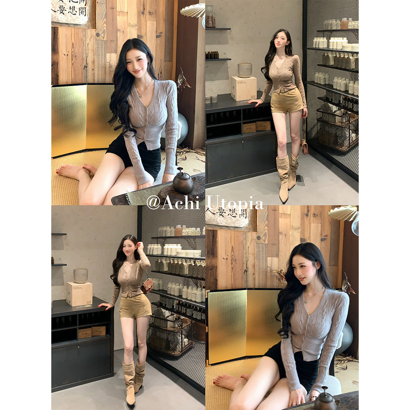 Achi Dayeche V-Neck Cable Knit Cardigan for Women, Korean Style Short Sweater, Slim Fit, Long-Sleeve Base Shirt Achi Dayeche V-Neck Cable Knit Cardigan for Women, Korean Style Short Sweater, Slim Fit, Long-Sleeve Base Shirt
