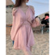 ACHI Dayaichi pink v-neck halter neck shirt dress strapless waist sexy skirt summer long-sleeved a-line skirt