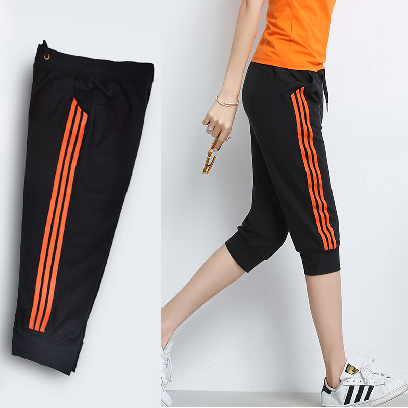 Summer Pure Cotton Casual Sports Pants for Women, All-Cotton Student Capri Pants, Loose Thin Mid-Length Pants, High-Waisted Shorts with Three Stripes