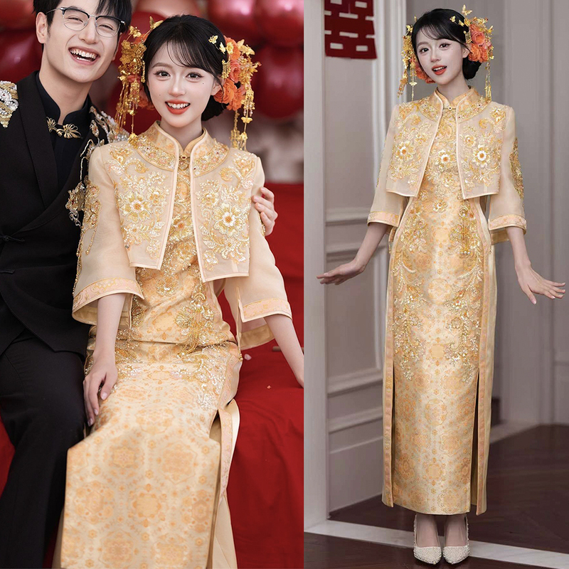 Champagne Gold Two-Piece Cheongsam Bridal Gown 2026 New Style Chinese Wedding Dress Engagement Slimming Look Dress Wedding Attire