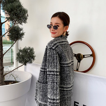 2021 autumn and winter New long double-sided woolen coat womens thousand bird bird grid wool coat slim Korean cashmere