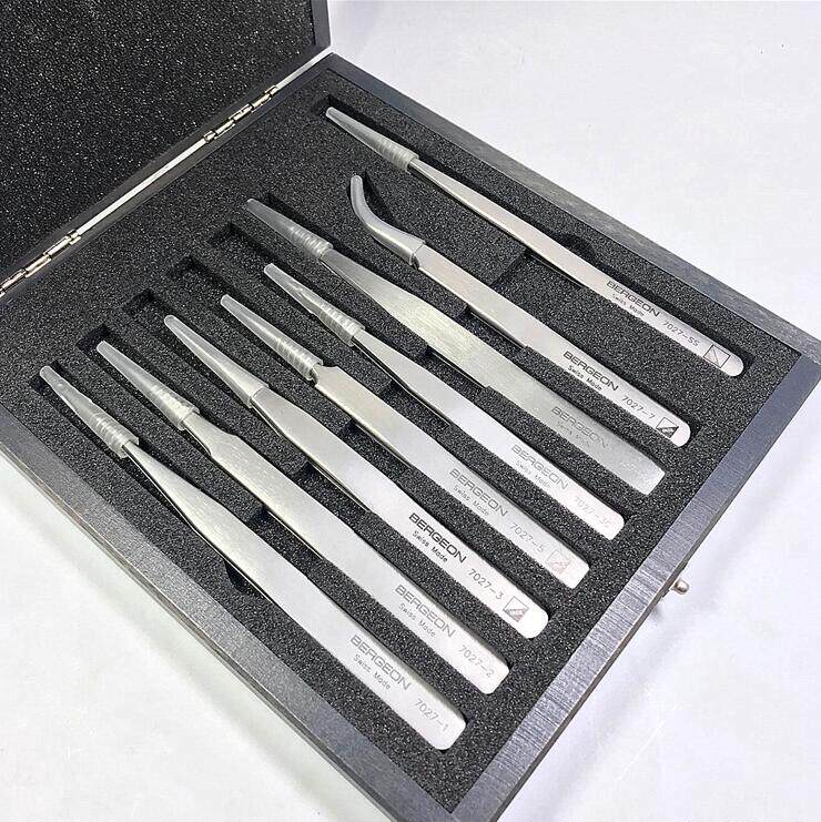 Original Clothing Import Repair Tool bergeon7026 Tweezers Suit 8 Mount Tip Tweezers Bend Tweezers Wood Boxed