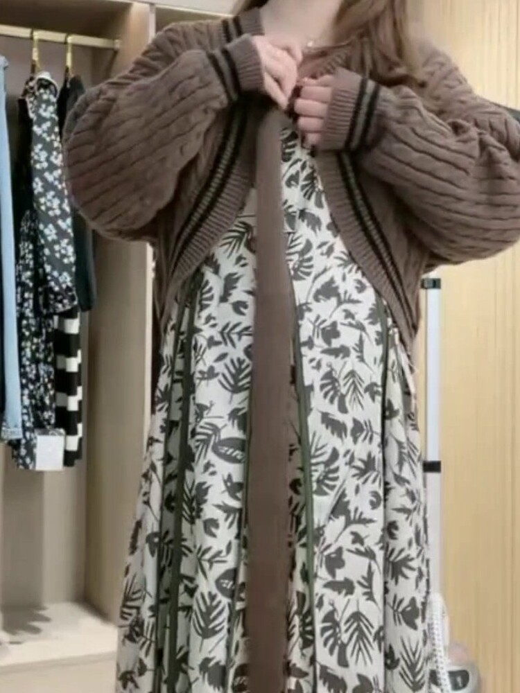 MATERNITY DRESS SET 2023 NEW FRENCH GENTLE FLORAL DRESS LAZY KNITTED CARDIGAN DUO SET