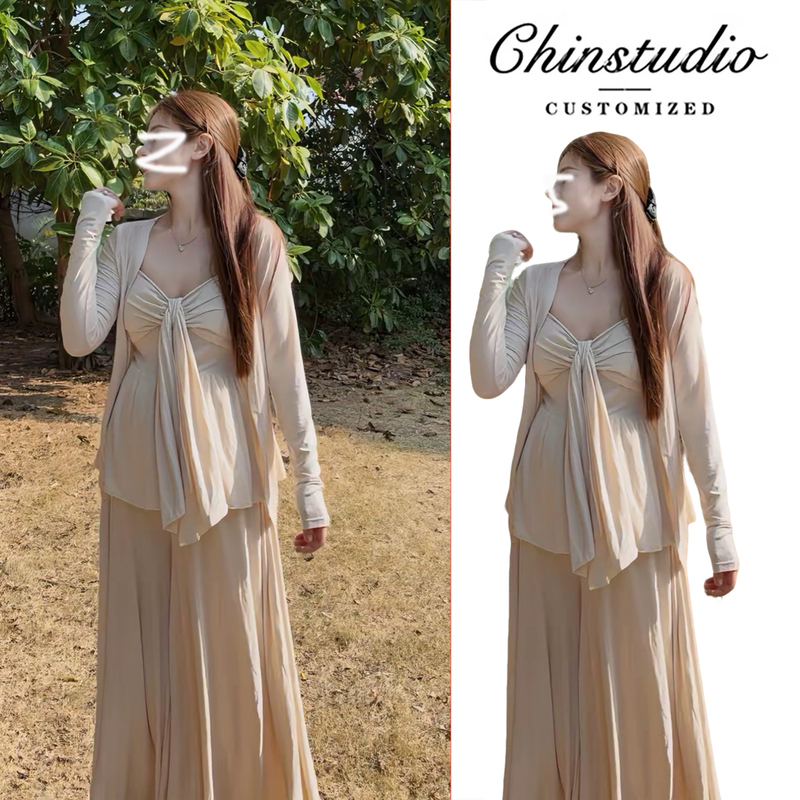 Maternity Suit Spring and Autumn Thin Modal Cardigan Camisole Wide-Leg Pants Sun Protection Loose Three-Piece Set Spring and Summer Vacation Style