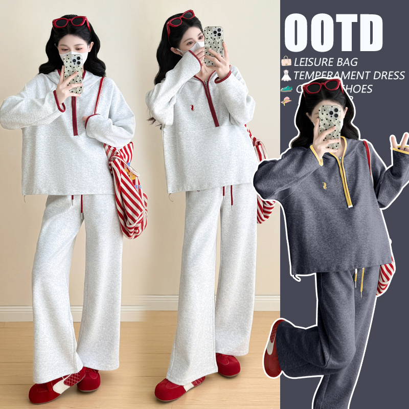 Maternity Wear Casual Autumn and Winter New Stylish Suit 2026 Age-Reducing Sweatshirt Covers the Body and Looks Slimming Wide-Leg Pants Two-Piece Set