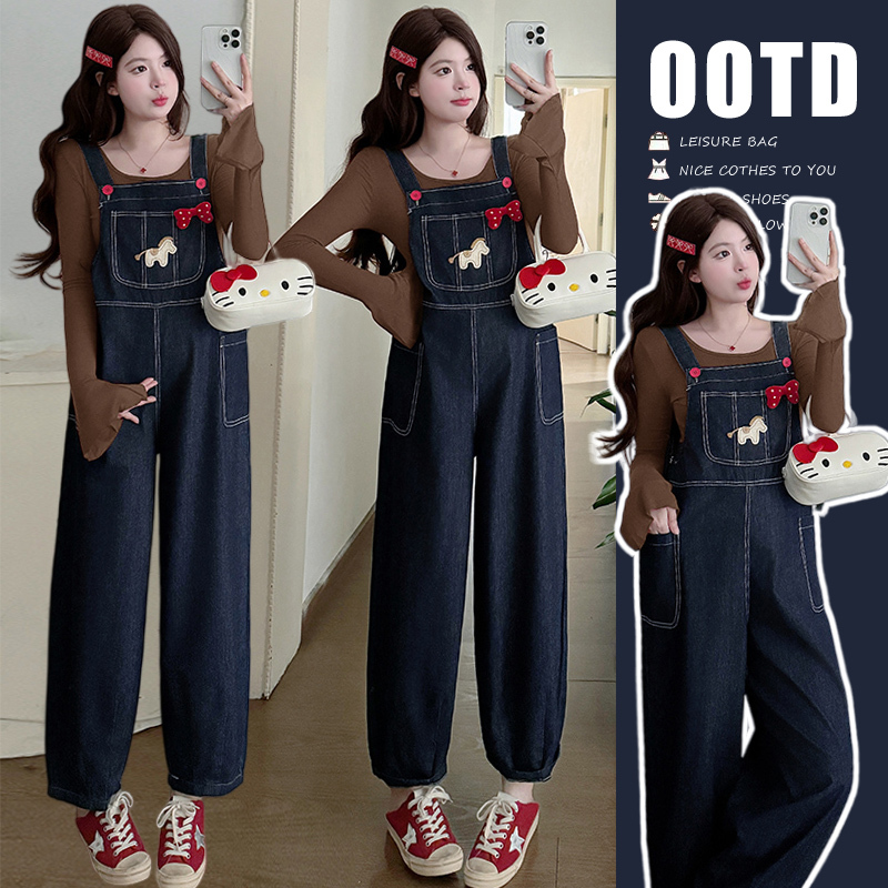 Pregnant Women's Spring Outfit Cute Set 2026 New Spring and Autumn Fashion Top Embroidered Cartoon Denim Overalls Two-Piece Set