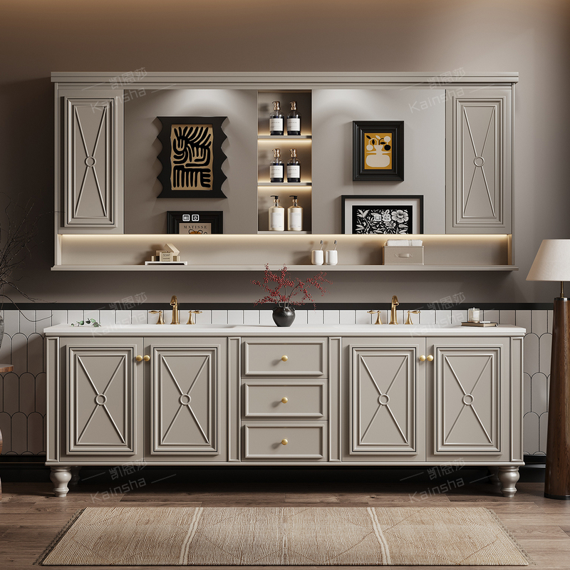 Large Oak Floor-Standing French Vintage Bathroom Cabinet Set with Double Sink Vanity
