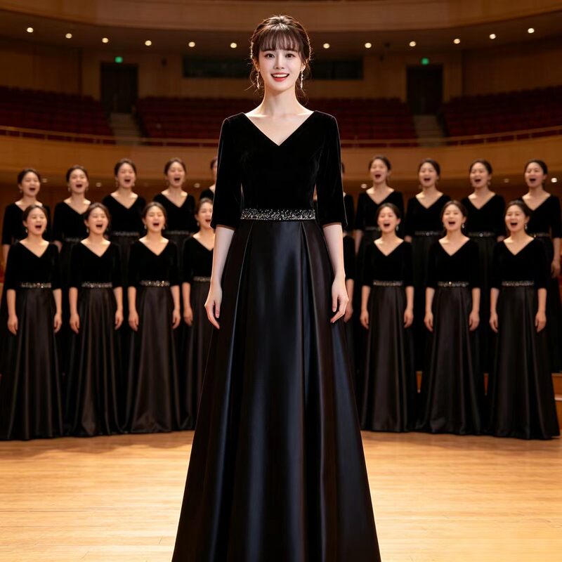 Chorus Dress for Women, Long Dress with Elegant Waist-Cinching Design, Slimming Black Choir Evening Gown, Red Song Performance Dress
