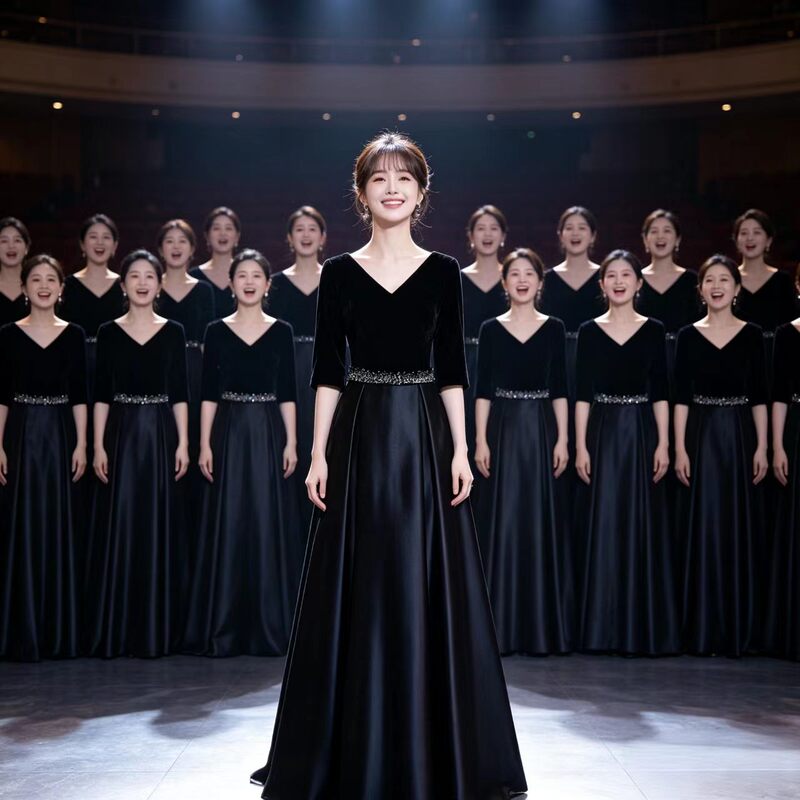 Choral Dress for Women, Long Dress with Elegant Waist-Cinching Design, Slimming Black Choir Evening Dress, Red Song Performance Dress