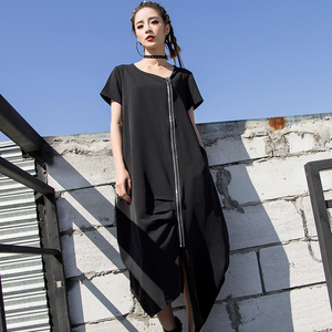 2021夏季双拉链连衣裙不规则短袖长裙